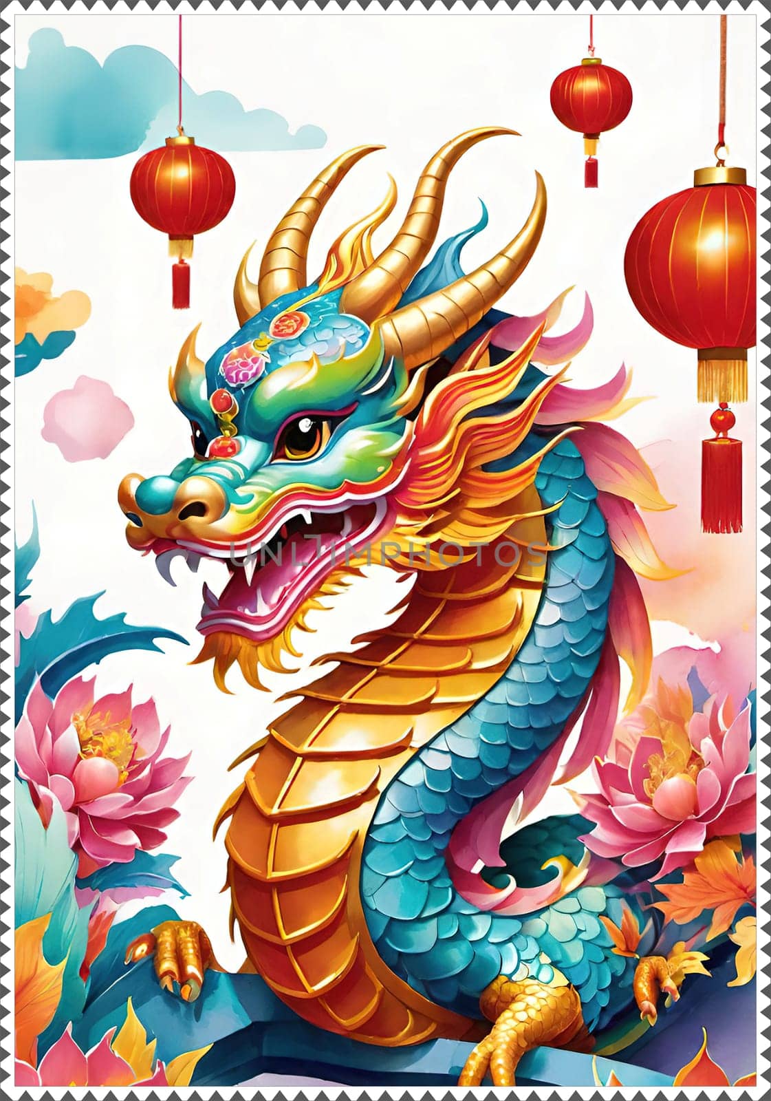 Greeting card with paper lanterns and flowers.Chinese new year background.Happy Chinese New Year .Year of the dragon.Chinese New Year Greeting Card with Dragon and flower. Vector illustration.