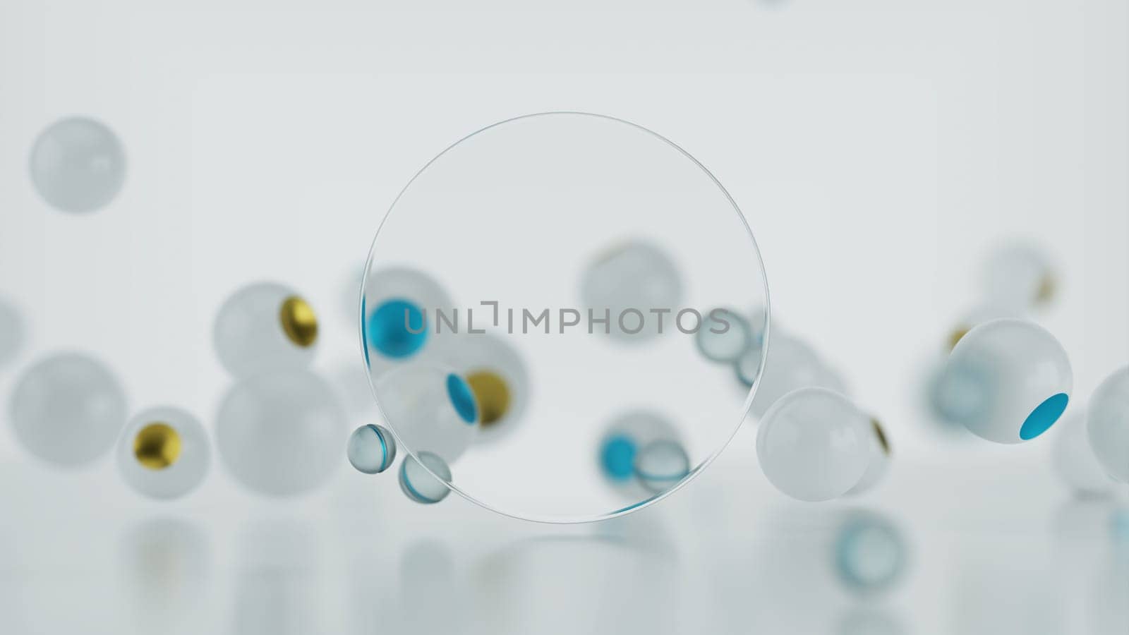 Background 3d abstraction from a group of layers of glass and plastic. Mockup on the topic of particle research, macro view with bokeh on balls, and with transparent glass. 3d rendering