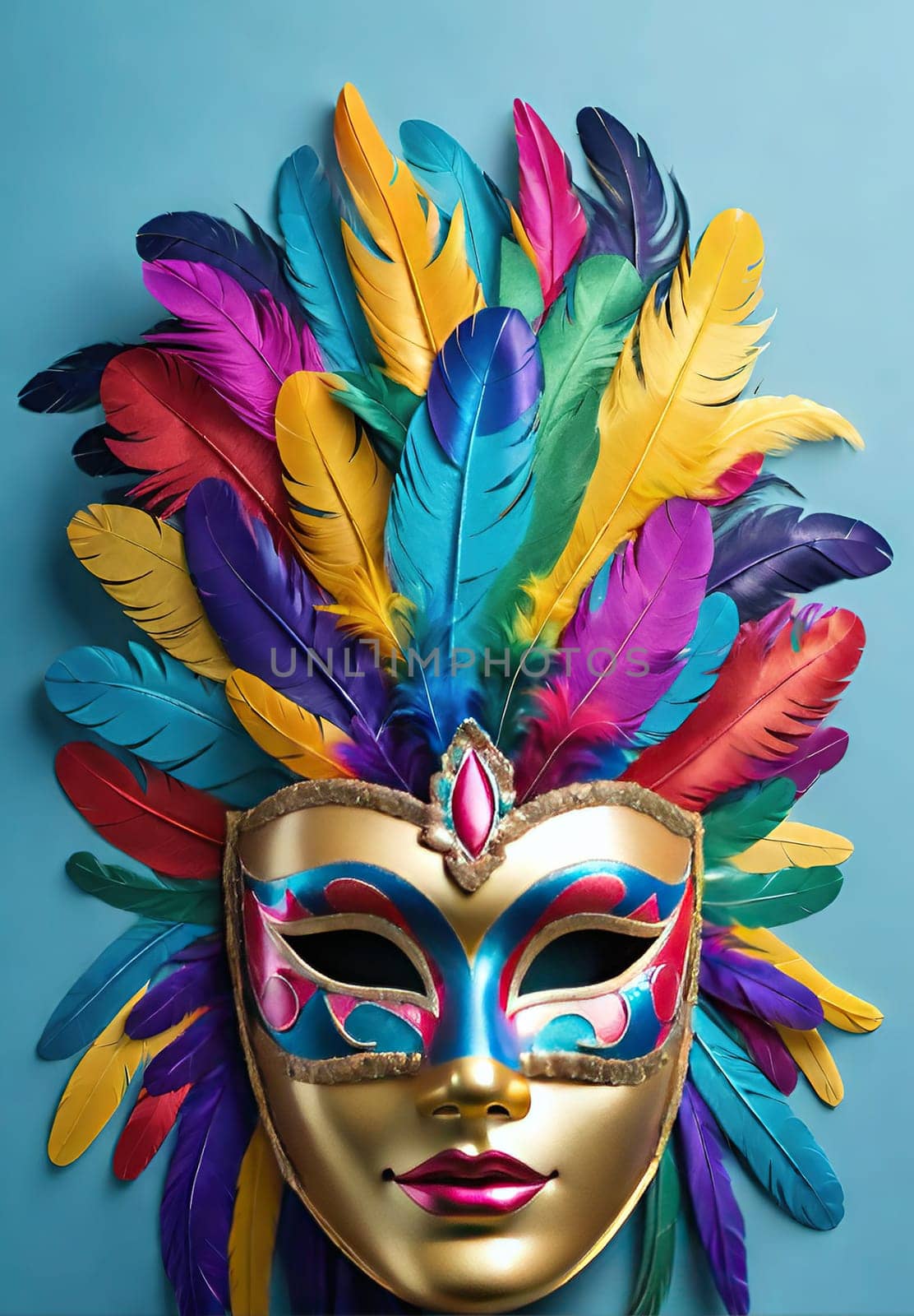 Colorful carnival mask with feathers on background, closeup.Traditional Venetian carnival mask with feathers on  background.Mask with feathers on black background, carnival concept.