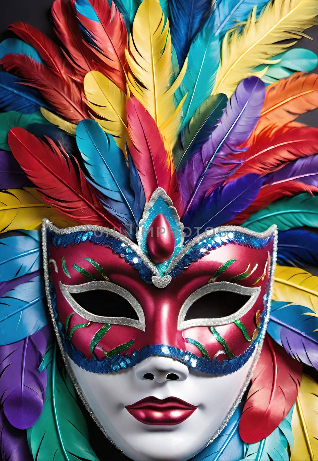 Colorful carnival mask with feathers on background, closeup.Traditional Venetian carnival mask with feathers on  background.Mask with feathers on black background, carnival concept.