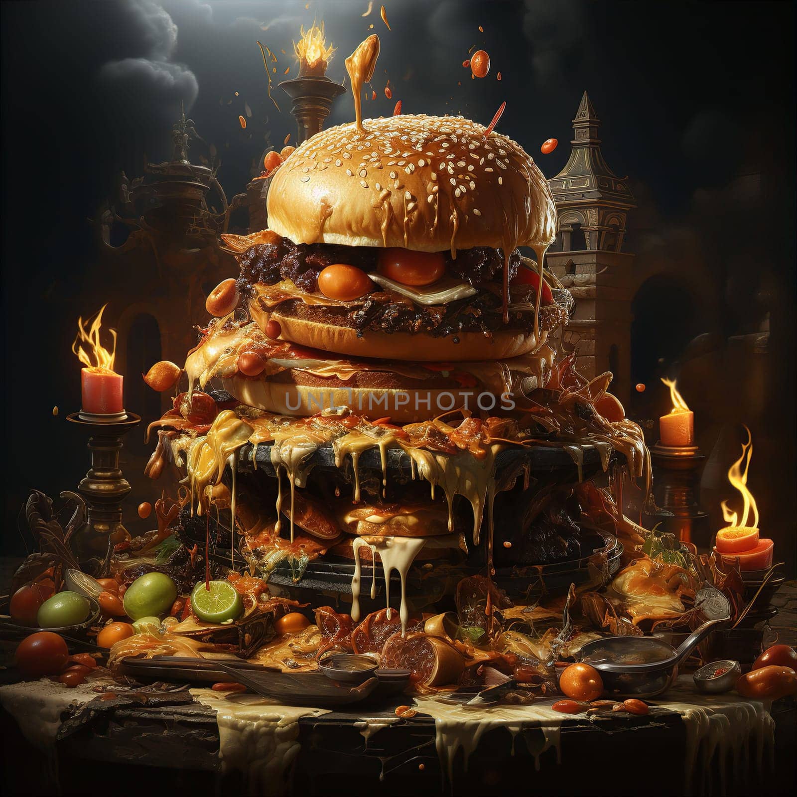 Huge appetizing burger with cheese and meat cutlet on dark background. Fast food concept. AI generated