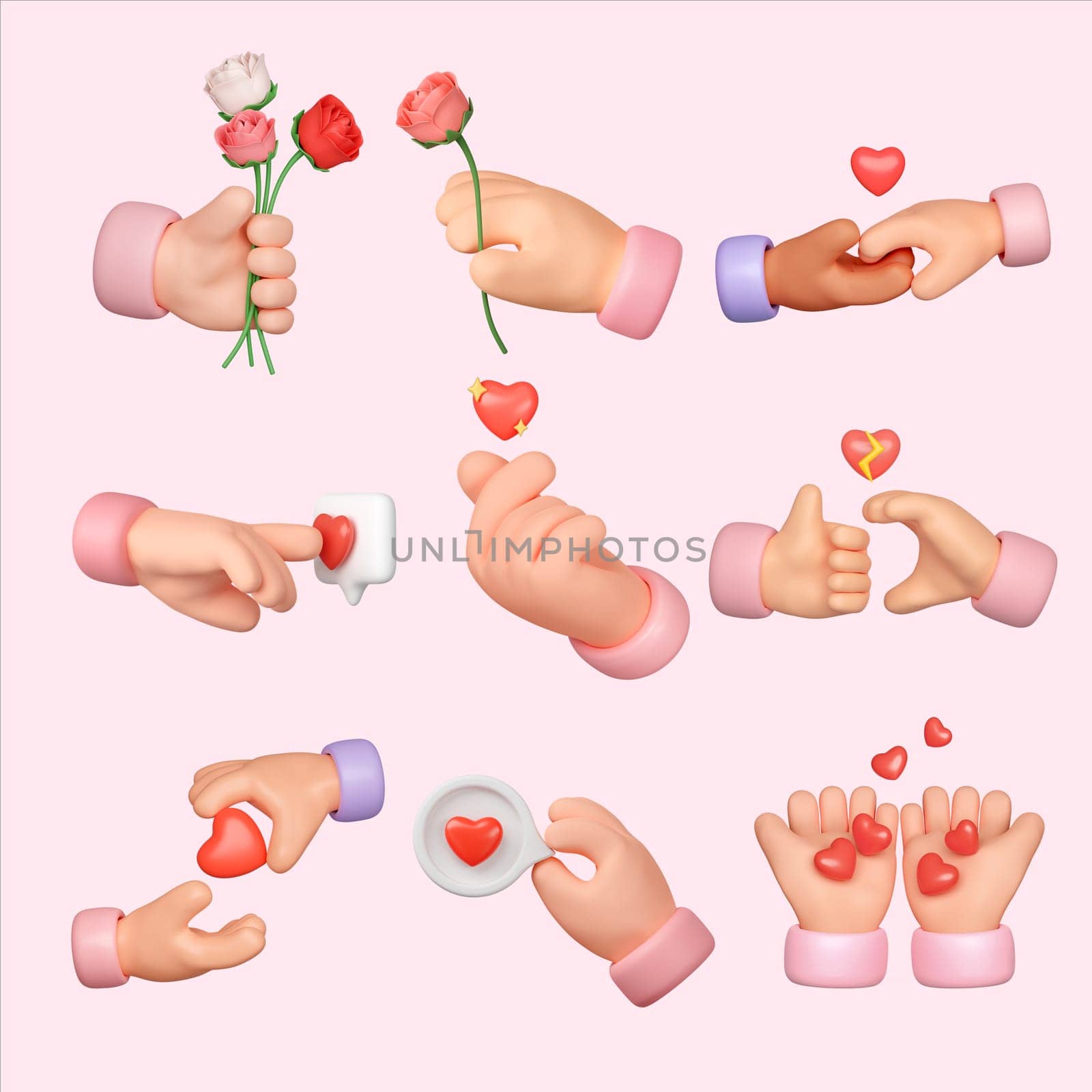 3d icon set of Valentine's day and hand for love, Valentine's Day Concept.3d rendering illustration. Clipping path..