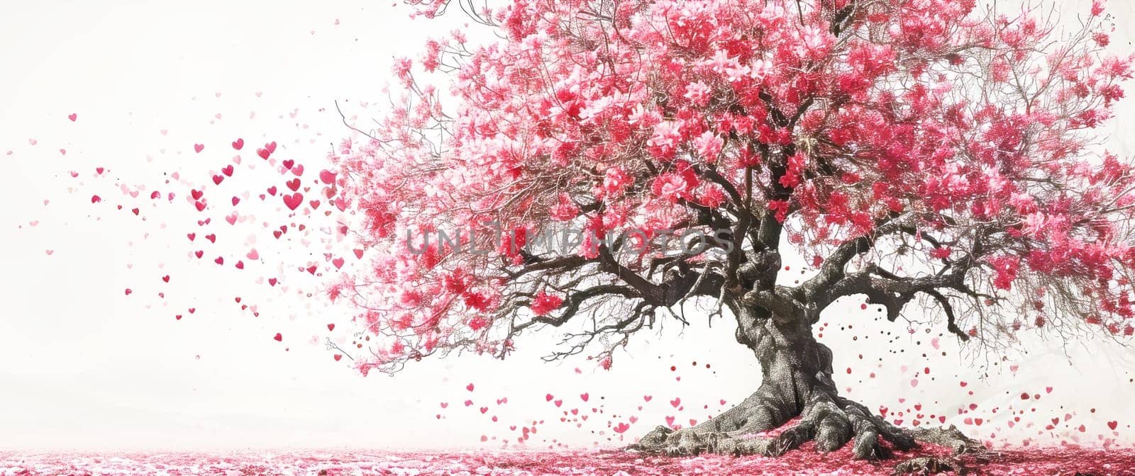 Pink sakura tree blooming on white background by NataliPopova