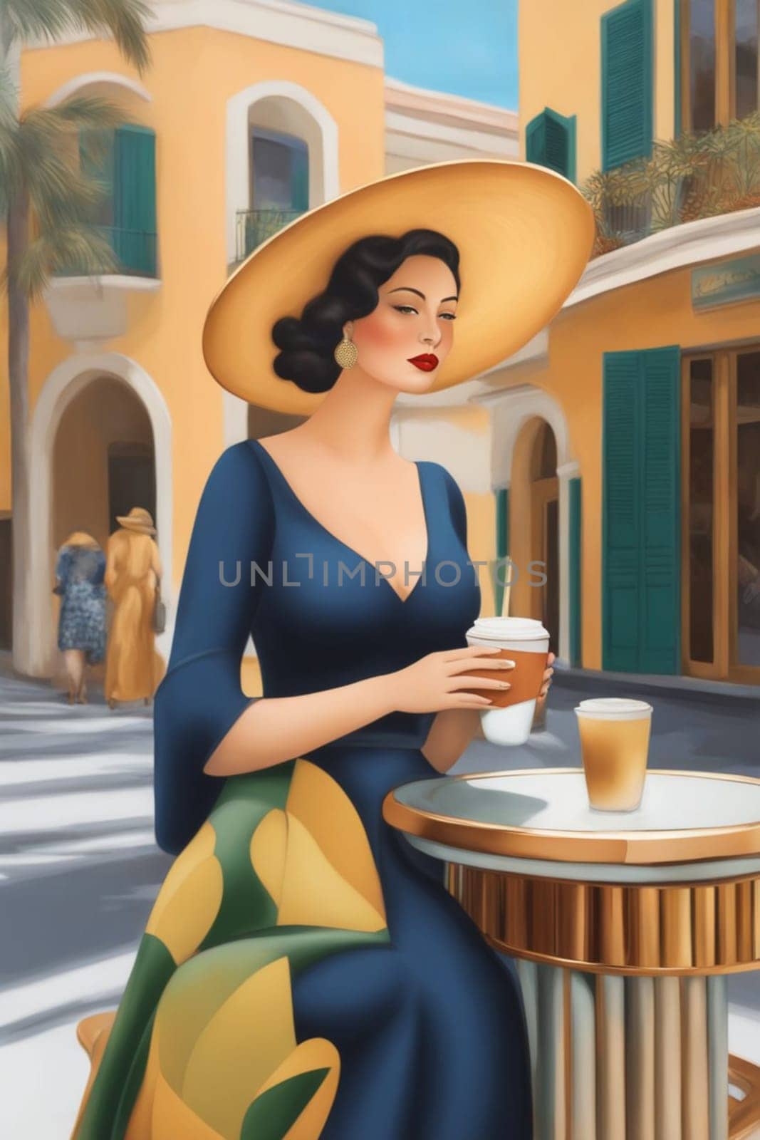 iilustration of voluptous female model having latte macchiato relax outdoors poolside in villagenerative ai art