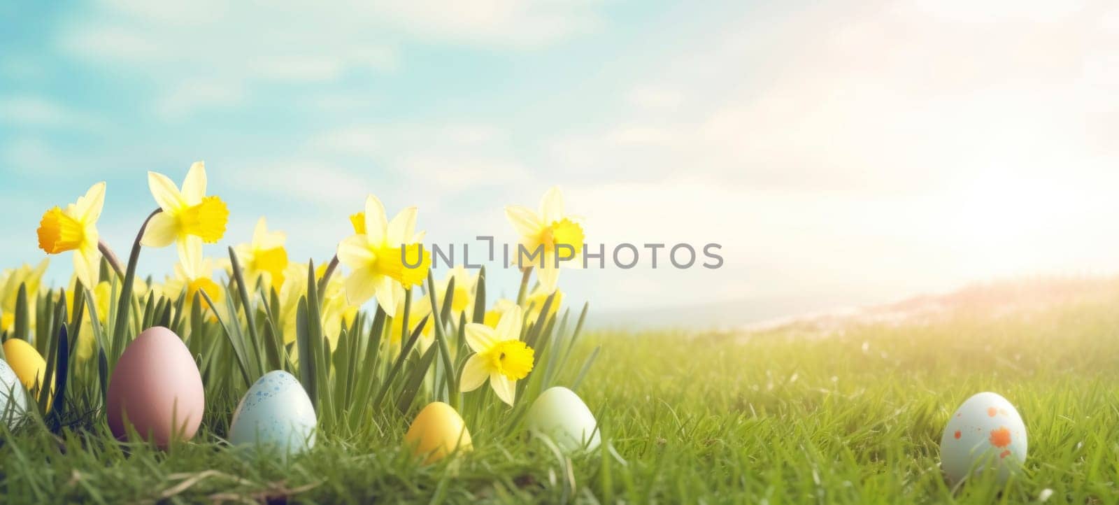 Happy Easter. Easter eggs on green grass with yellow daffodils on a sunny spring day. Easter banner with copy space