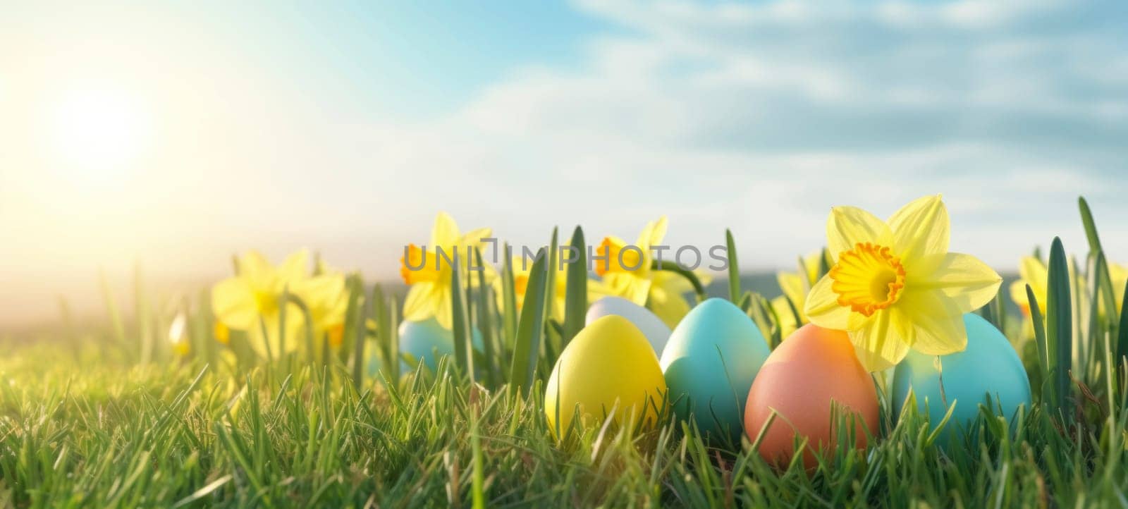 Happy Easter. Easter eggs on green grass with yellow daffodils on a sunny spring day. Easter banner with copy space