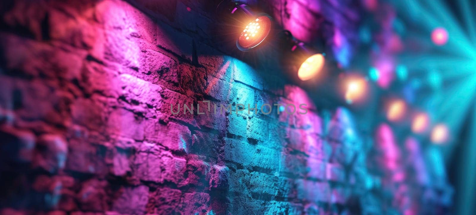 Disco style background with brick wall with neon blue, purple and yellow lights by andreyz