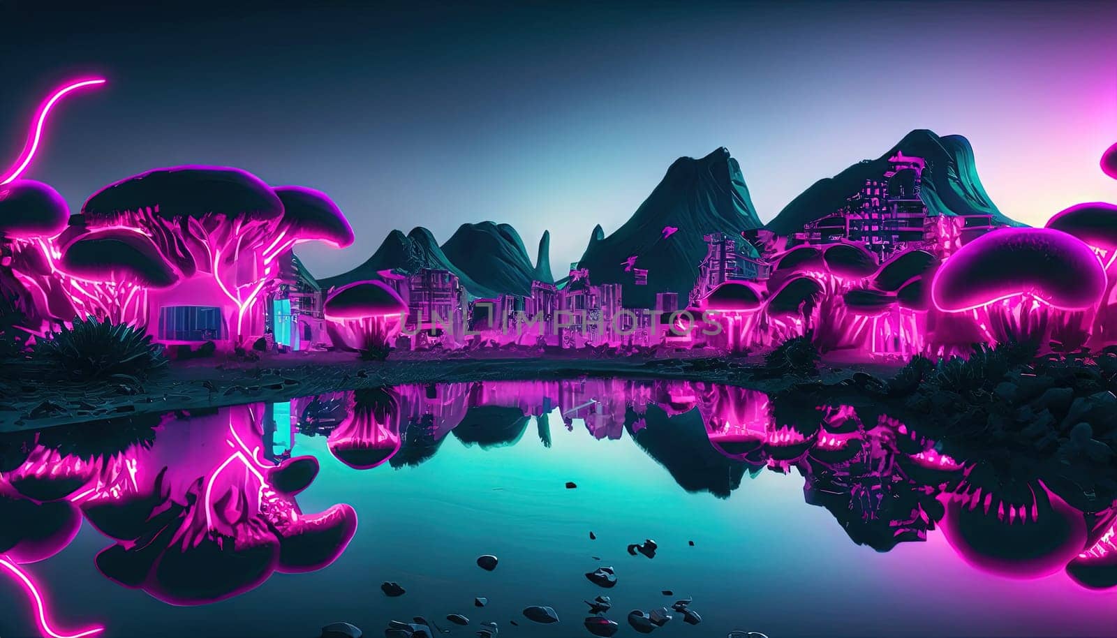 Fantasy water lake and glowing lights landscape in fantasy alien planet. 3d render illustration. by Waseem-Creations