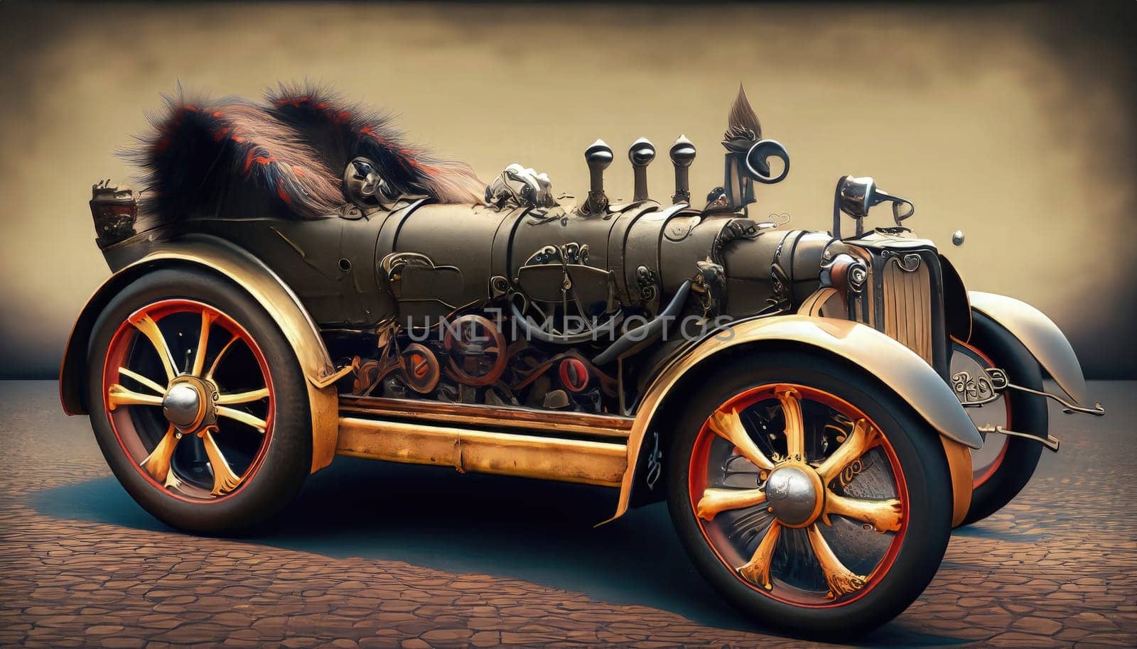 Vintage car with fireman hat and fur - 3d render by Waseem-Creations