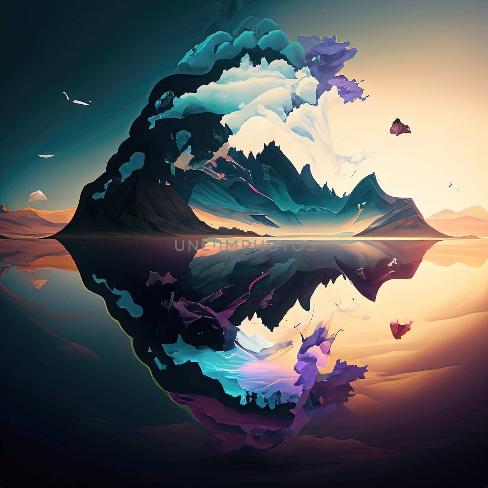 Beautiful landscape with mountains reflected in the water, vector art illustration by Waseem-Creations