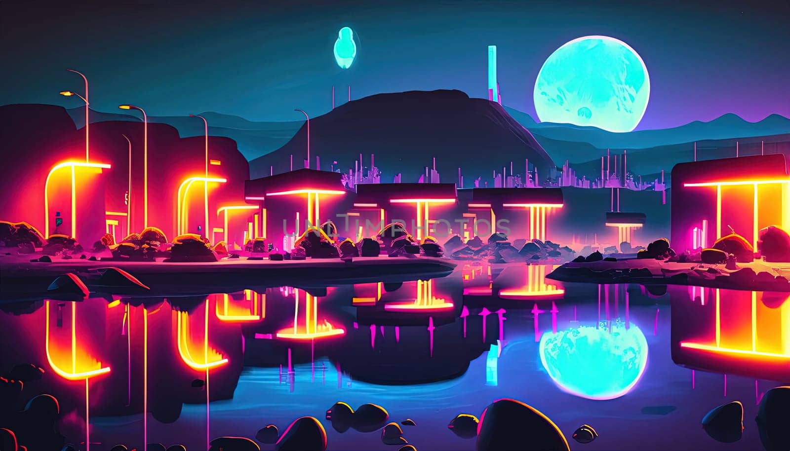 Futuristic city at night with reflection in water. Vector illustration. by Waseem-Creations