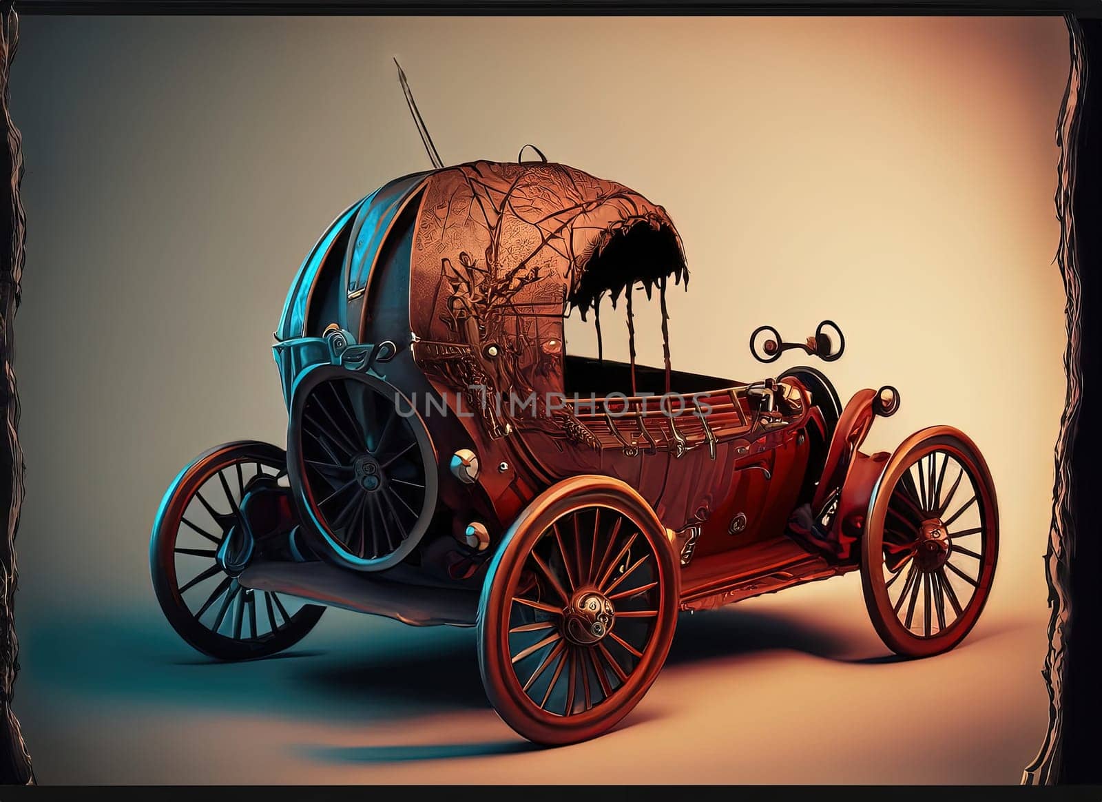Vintage toy car on a gray background. Photo in old color image style