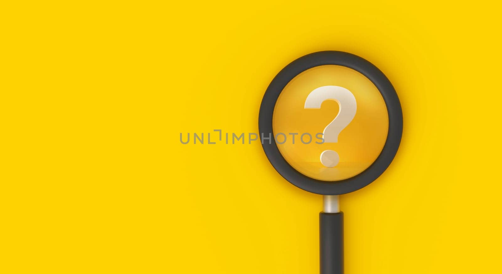 Magnifying glass with question mark on yellow background, search, question answer, problem or business solution concept. 3D rendering.