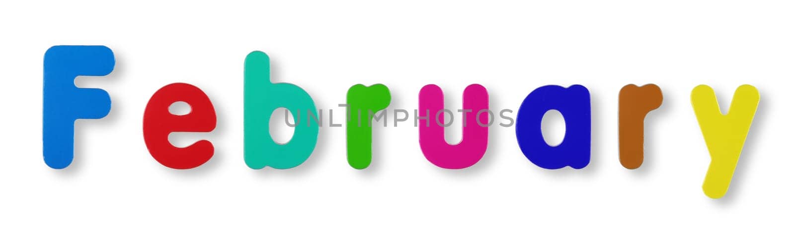 A February word in coloured magnetic letters on white with clipping path to remove shadow