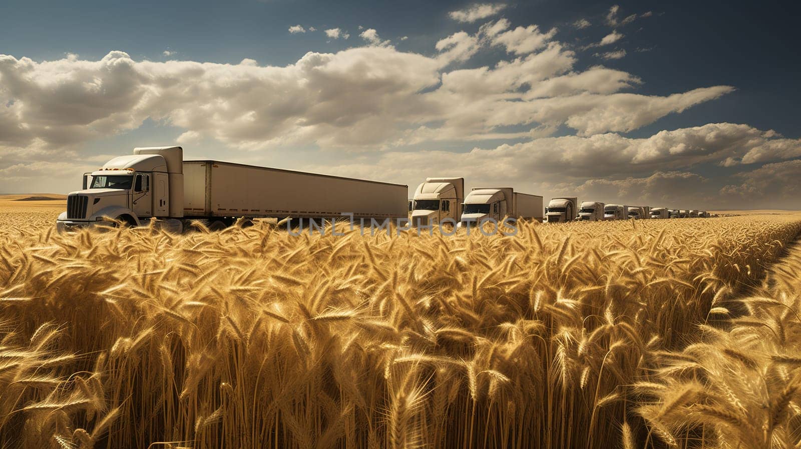 column of heavily loaded trucks with grain stands in the middle of an unharvested wheat field,grain transportation by KaterinaDalemans