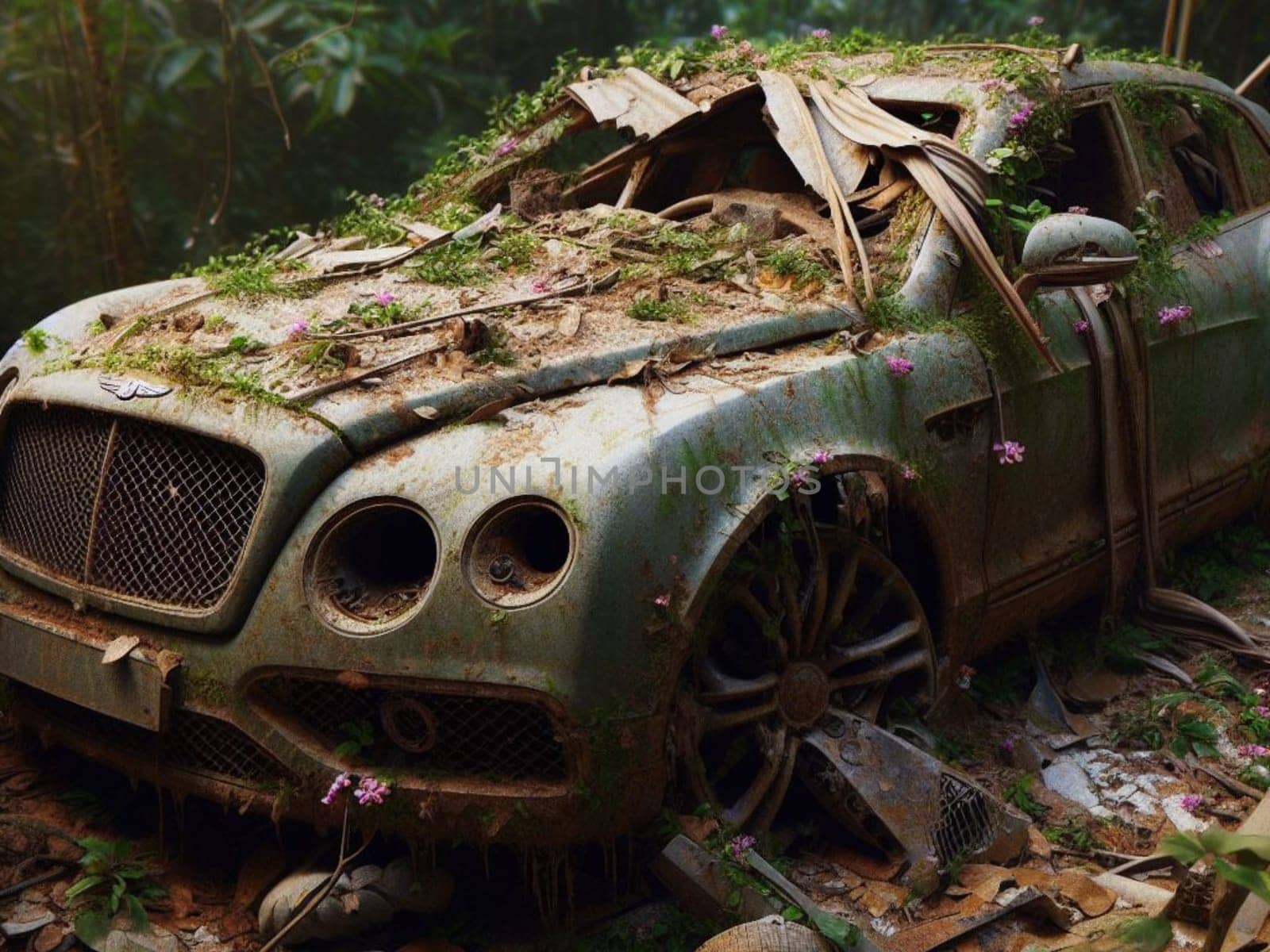 Abandoned rusty expensive atmospheric deluxe sedan car limo as circulation banned for co2 emission 2030 agenda , severe damage, broken parts, plants overgrowth bloom flowers. ai generated