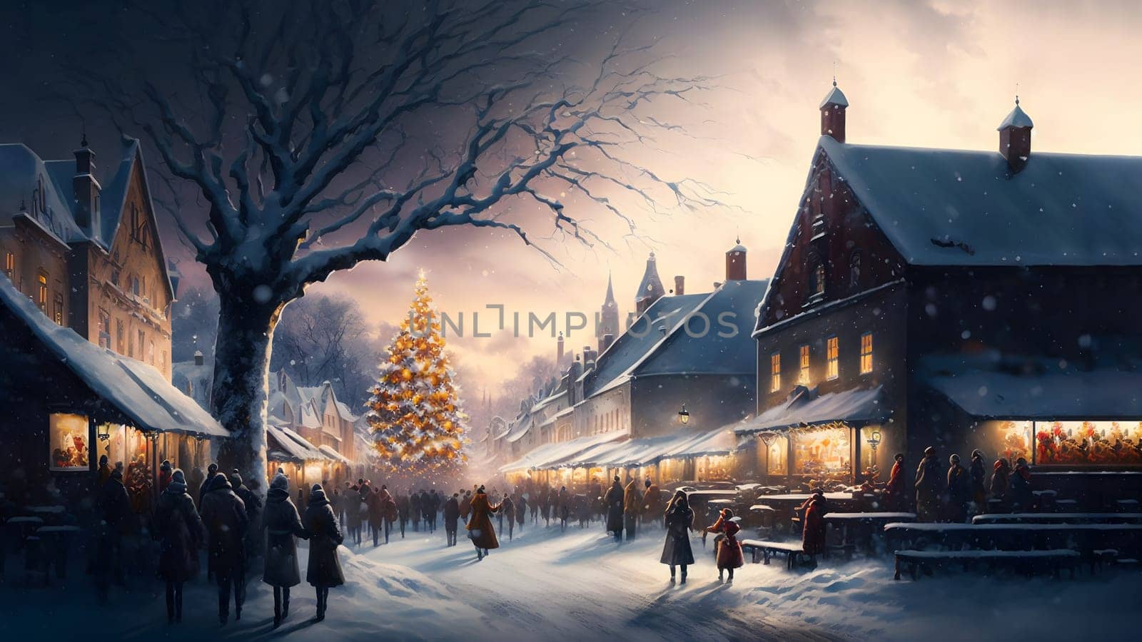 crowded small town streets at Christmas night, neural network generated art. Digitally generated image. Not based on any actual person, scene or pattern.