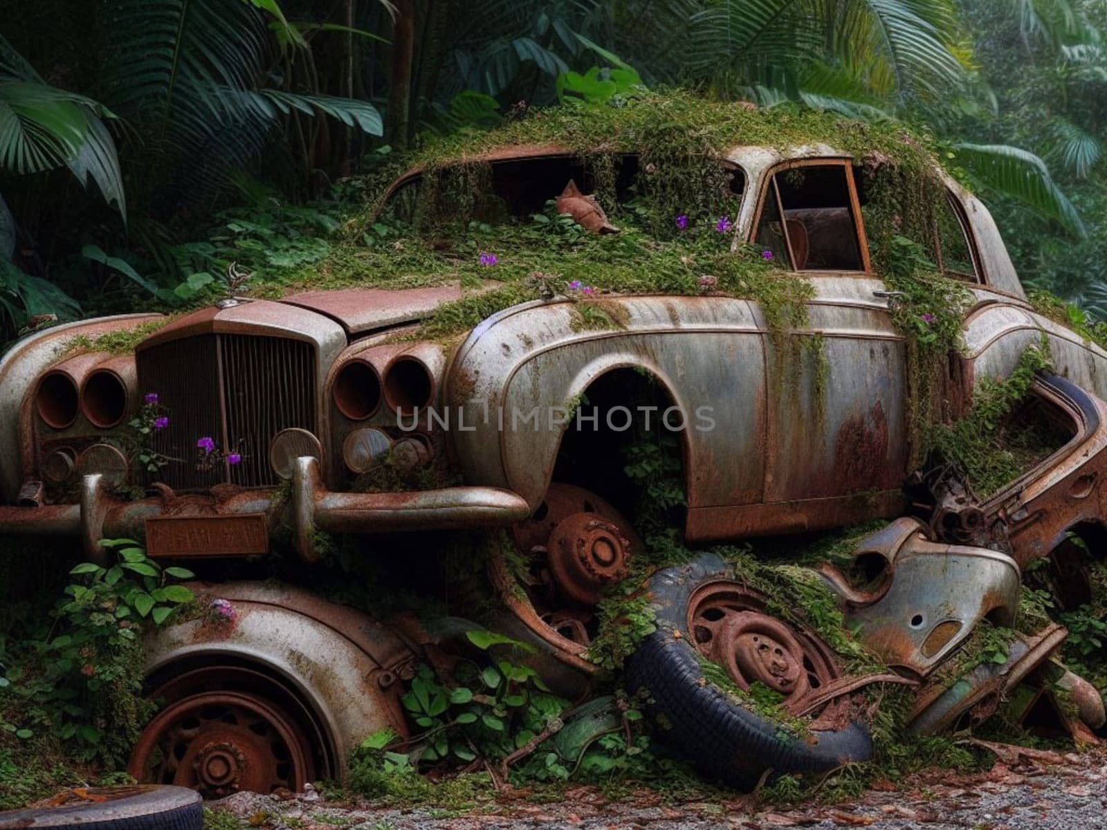 Abandoned rusty expensive atmospheric deluxe sedan car limo as circulation banned for co2 emission 2030 agenda , severe damage, broken parts, plants overgrowth bloom flowers. ai generated