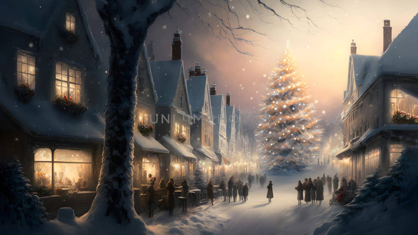 crowded small town streets at Christmas night, neural network generated art. Digitally generated image. Not based on any actual person, scene or pattern.