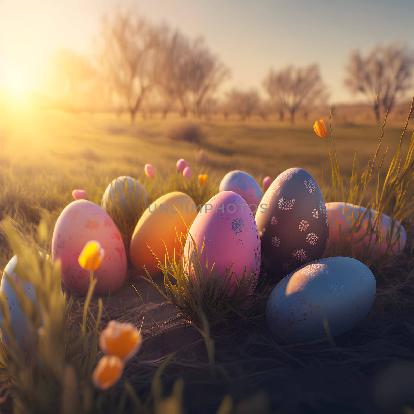 easter eggs scattered on green meadow at sunrise, neural network generated art. Digitally generated image. Not based on any actual person, scene or pattern.