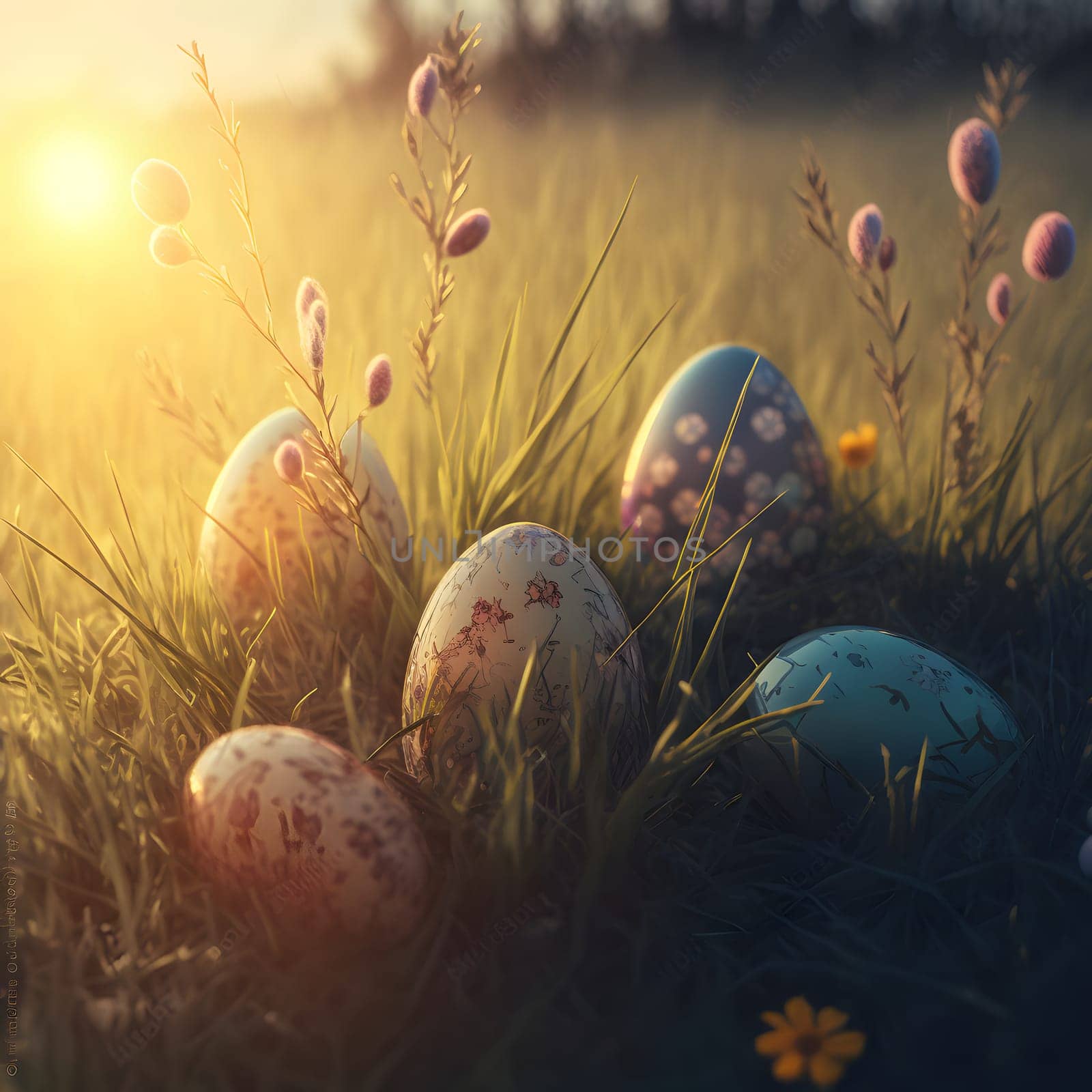 easter eggs scattered on green meadow at sunrise, neural network generated art by z1b