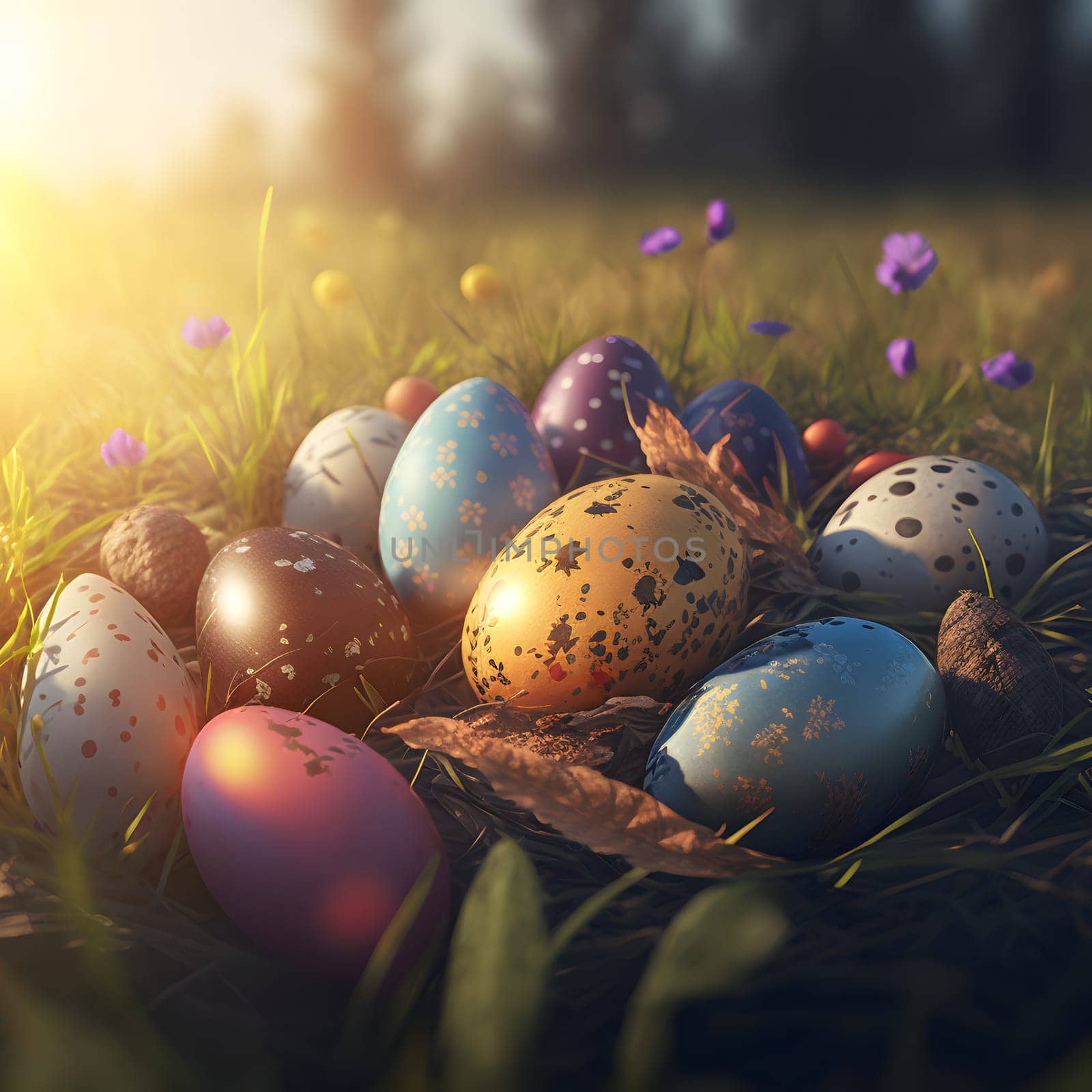 easter eggs scattered on green meadow at sunrise, neural network generated art by z1b