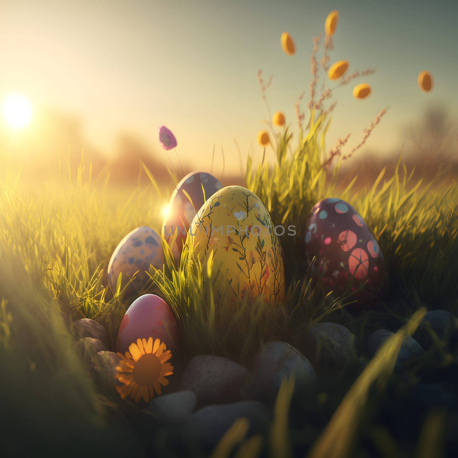 easter eggs scattered on green meadow at sunrise, neural network generated art by z1b