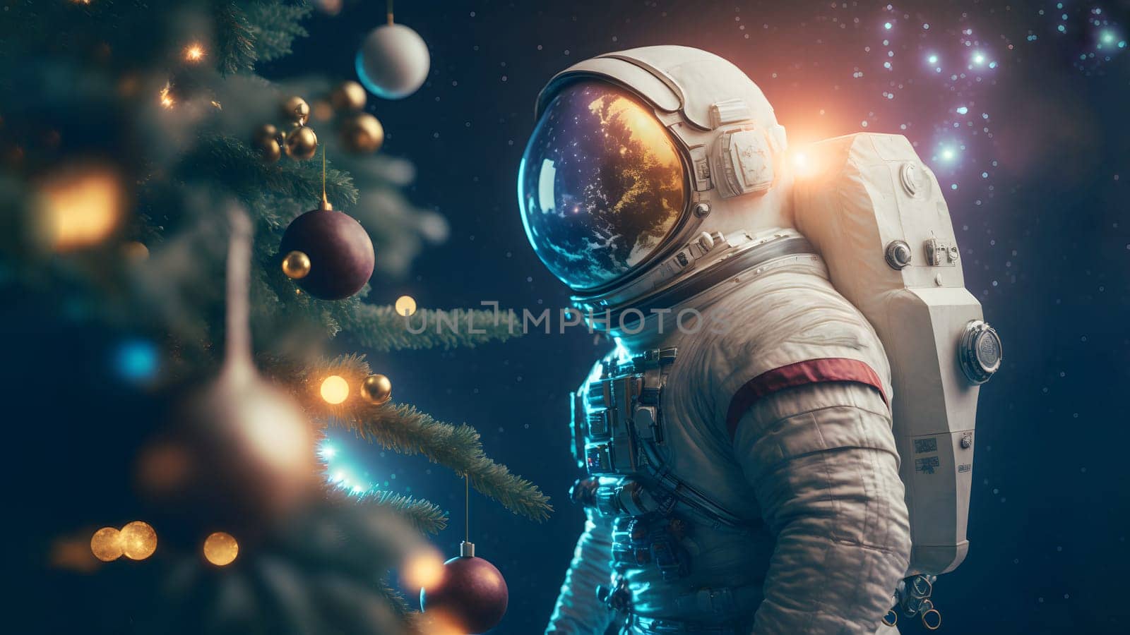 unrecognizable astronaut stands next to decorated christmas tree, neural network generated art. Digitally generated image. Not based on any actual person, scene or pattern.