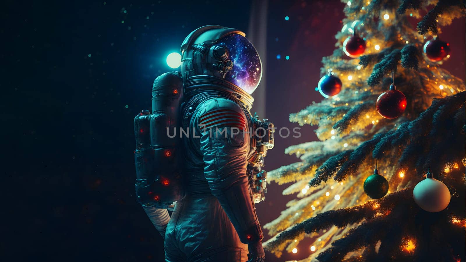 unrecognizable astronaut stands next to decorated christmas tree, neural network generated art. Digitally generated image. Not based on any actual person, scene or pattern.