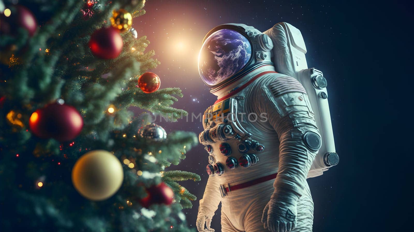 unrecognizable astronaut stands next to decorated christmas tree, neural network generated art. Digitally generated image. Not based on any actual person, scene or pattern.