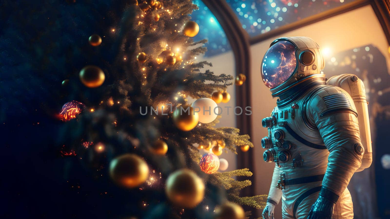 unrecognizable astronaut stands next to decorated christmas tree, neural network generated art. Digitally generated image. Not based on any actual person, scene or pattern.