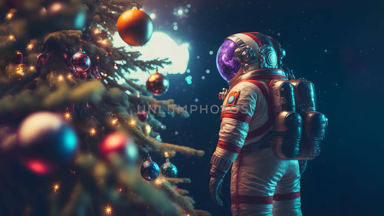 unrecognizable astronaut stands next to decorated christmas tree, neural network generated art. Digitally generated image. Not based on any actual person, scene or pattern.