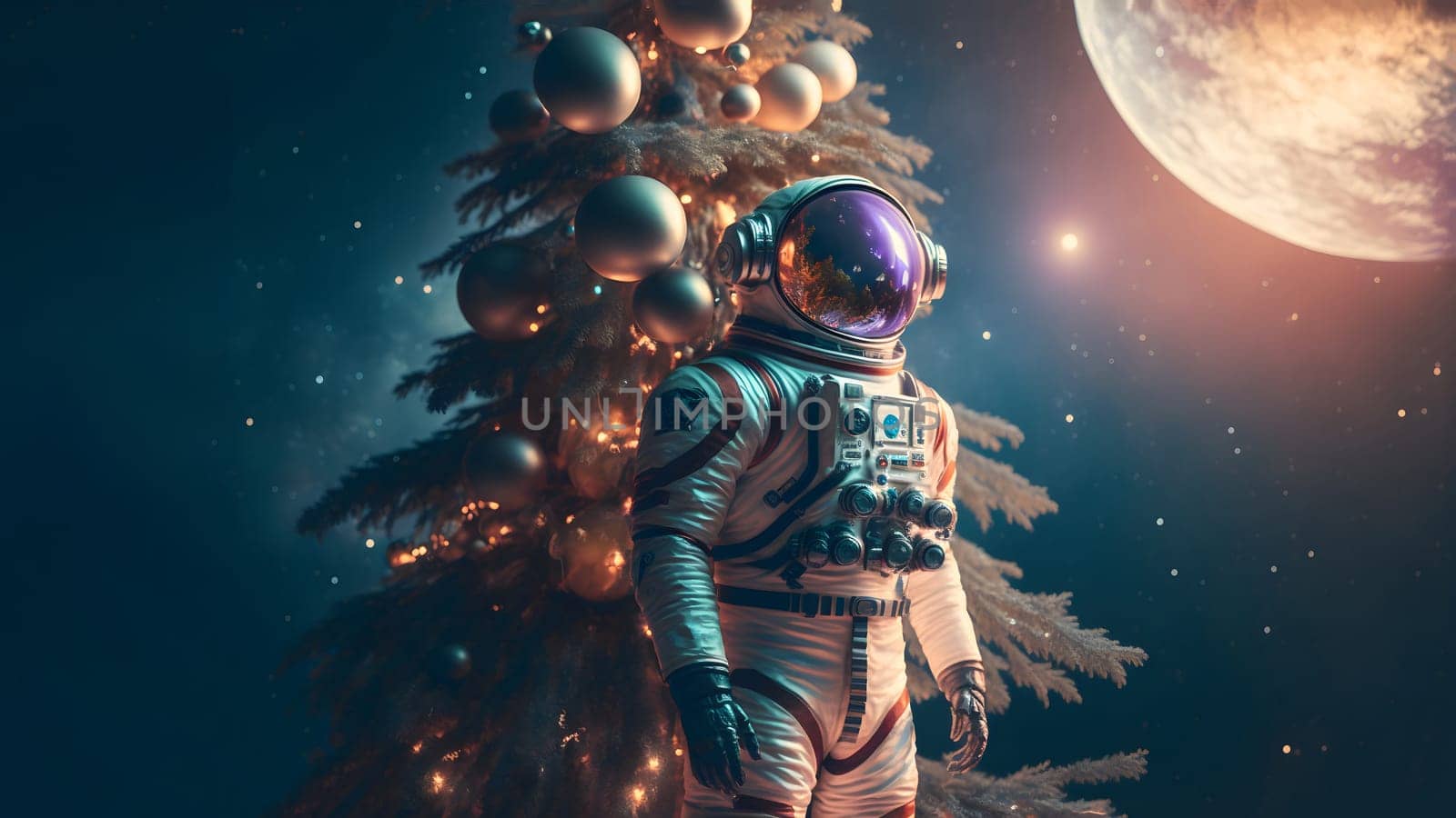 unrecognizable astronaut stands next to decorated christmas tree, neural network generated art. Digitally generated image. Not based on any actual person, scene or pattern.