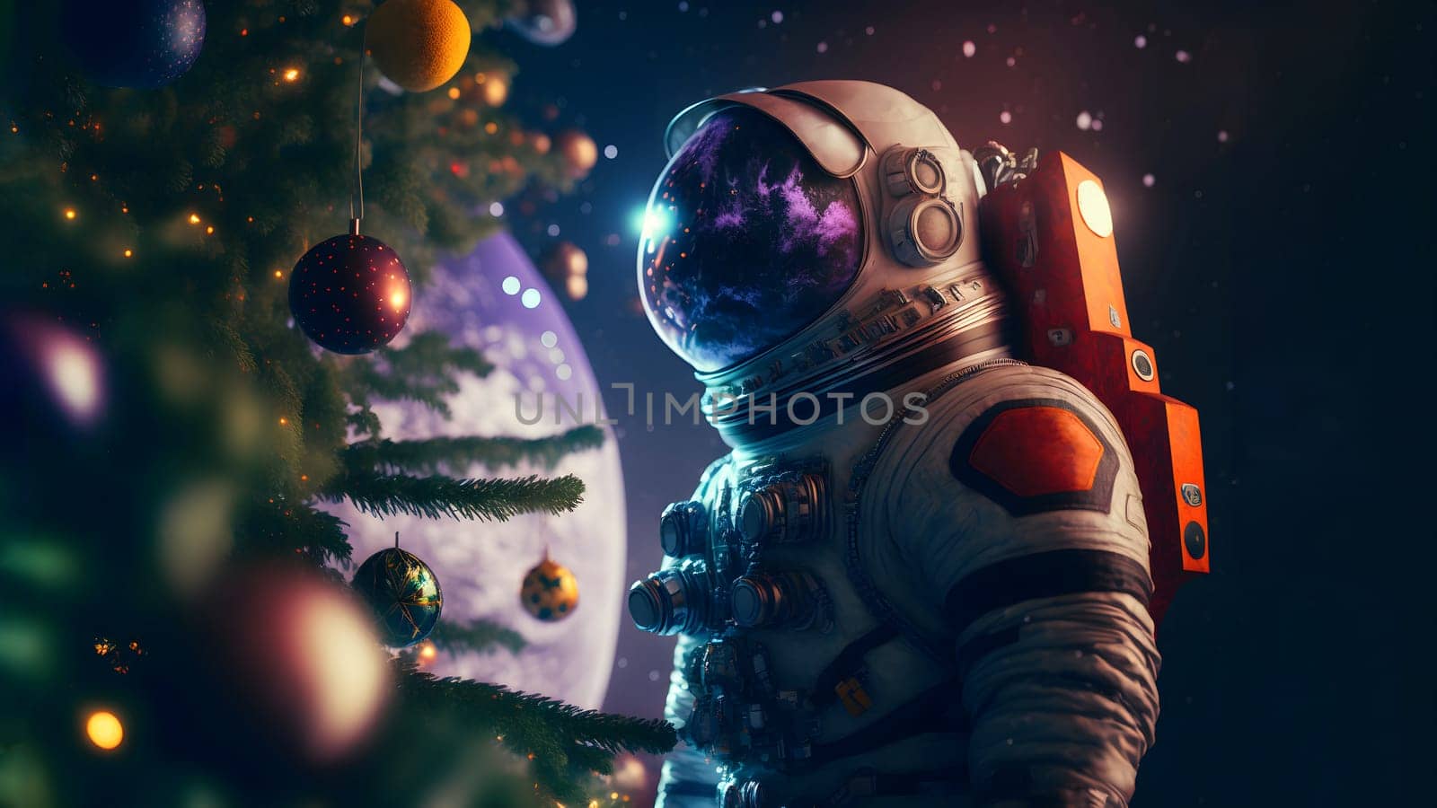 unrecognizable astronaut stands next to decorated christmas tree, neural network generated art. Digitally generated image. Not based on any actual person, scene or pattern.