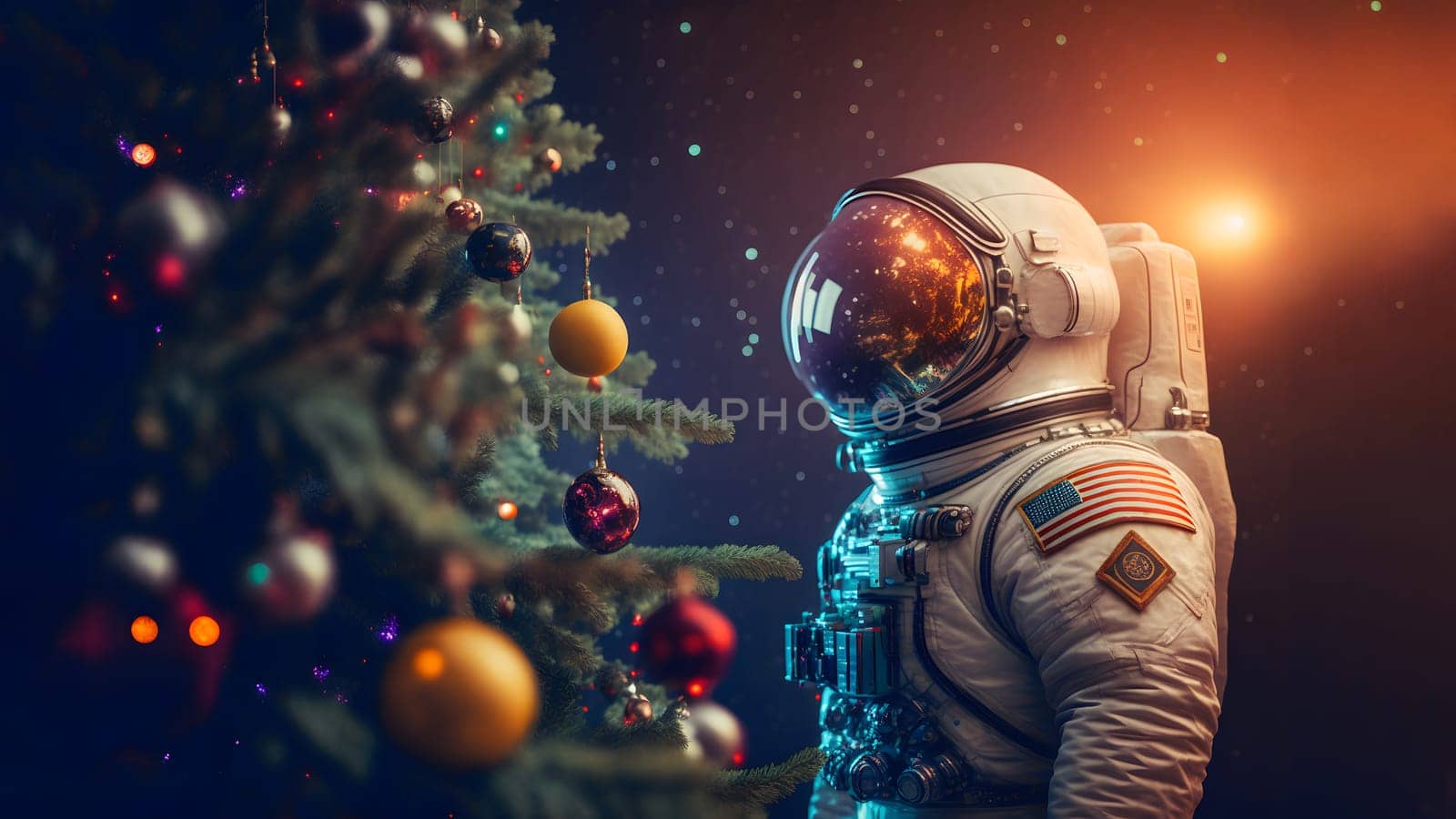 unrecognizable astronaut stands next to decorated christmas tree, neural network generated art. Digitally generated image. Not based on any actual person, scene or pattern.