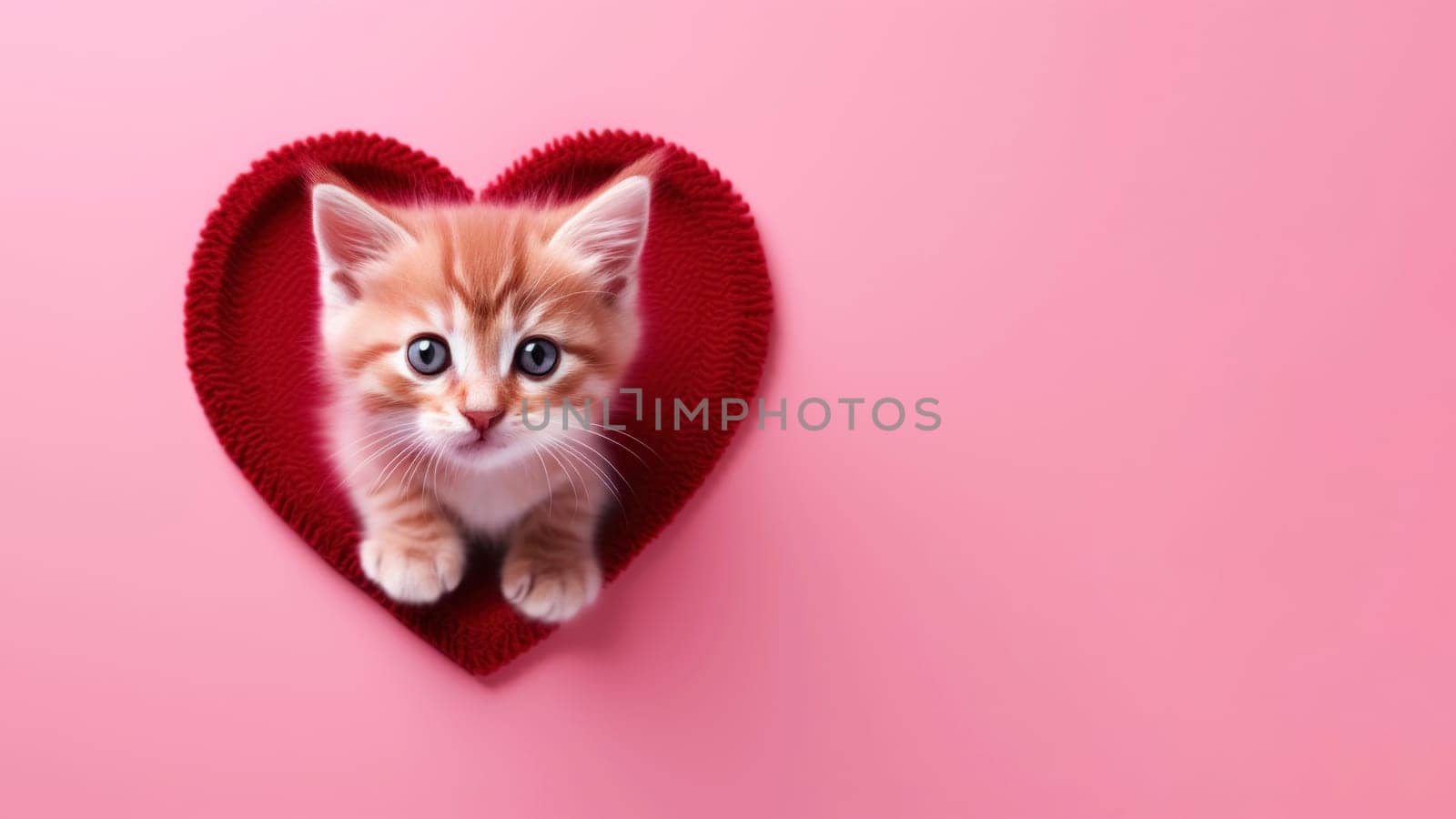 A cute and attractive kitten surrounded by a red heart on a pink background by andreyz