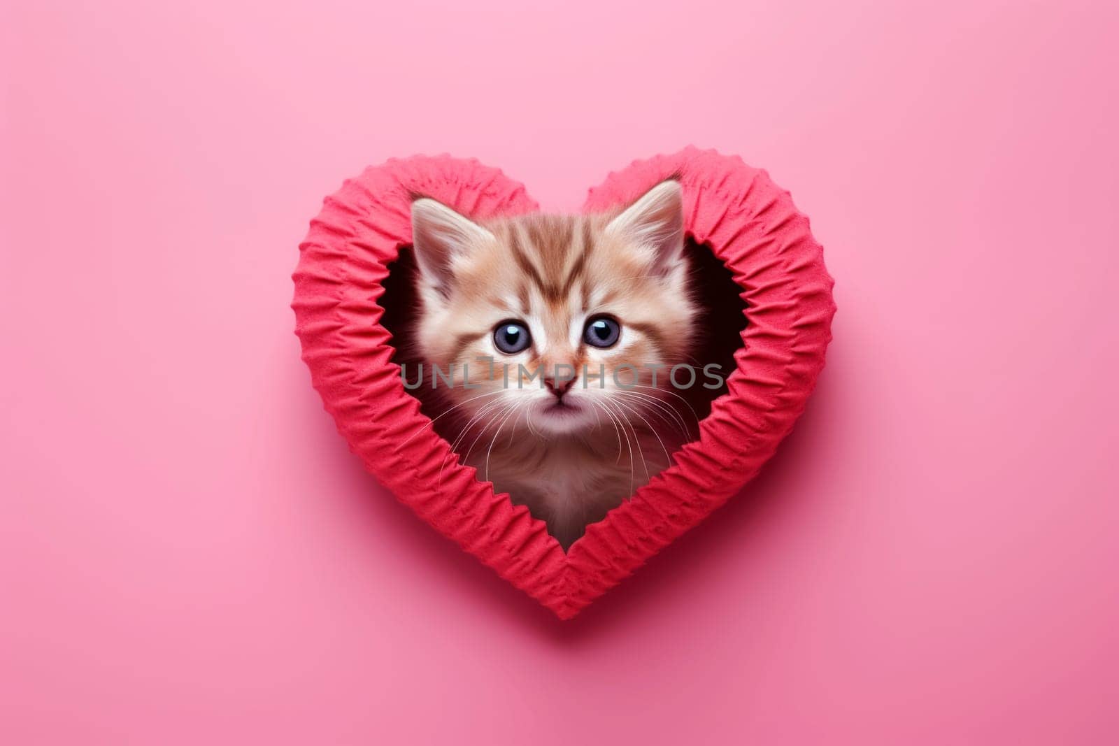 A cute and attractive kitten surrounded by a red heart on a pink background evokes the sweetness of Valentine's Day, perfect for banners or heartfelt greeting cards