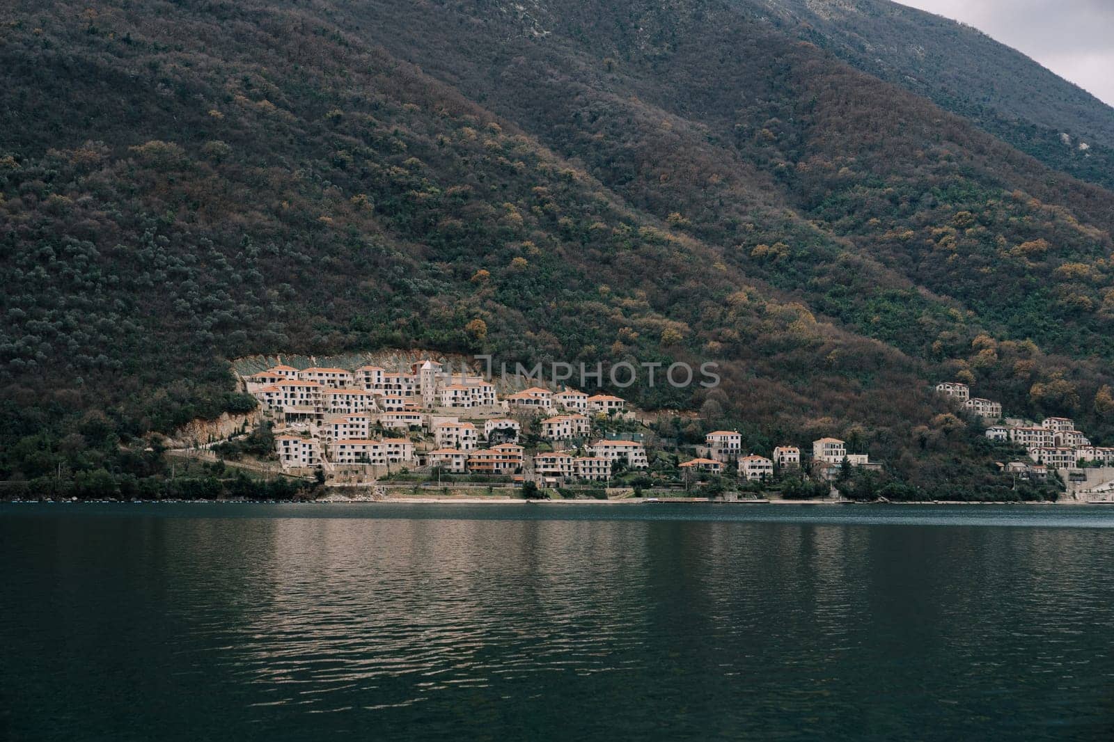 Residential buildings in Kostanjica at the foot of the green mountains. Kotor Bay, Montenegro. High quality photo