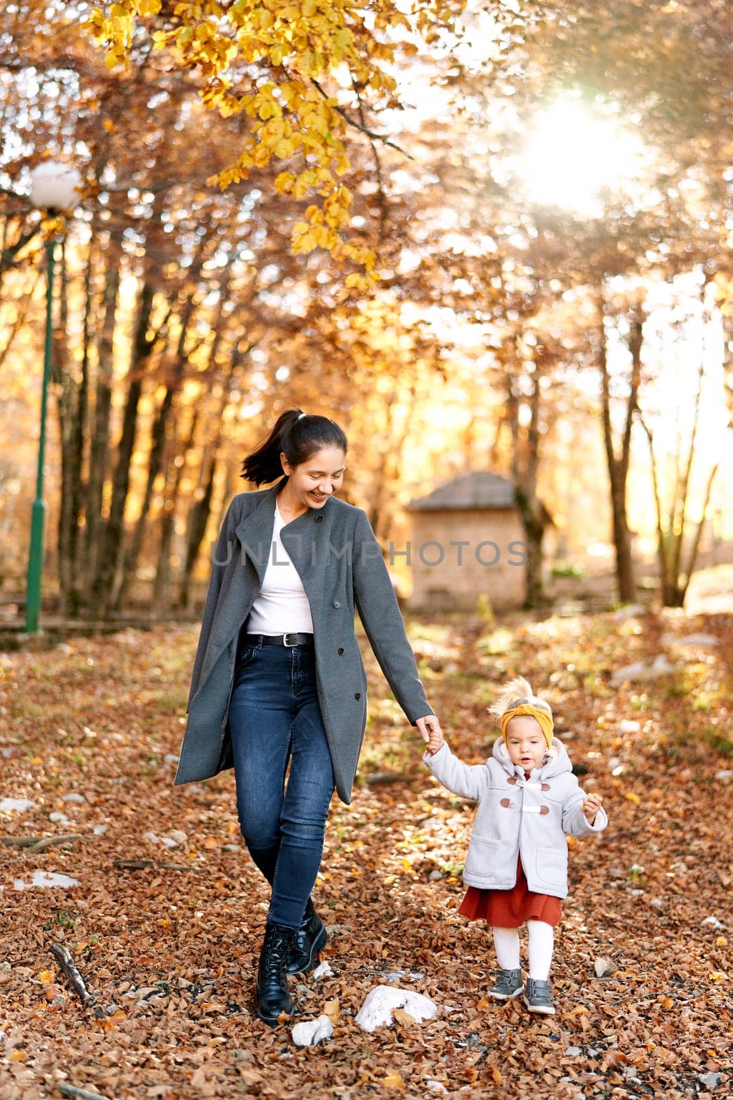 Smiling mother with a little girl walking holding hands through the autumn sunny forest by Nadtochiy