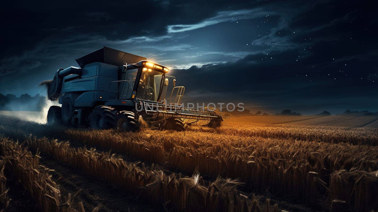 combine harvesting ripe wheat at night in the dark, timely harvest concept, food crisis, agricultural problems by KaterinaDalemans