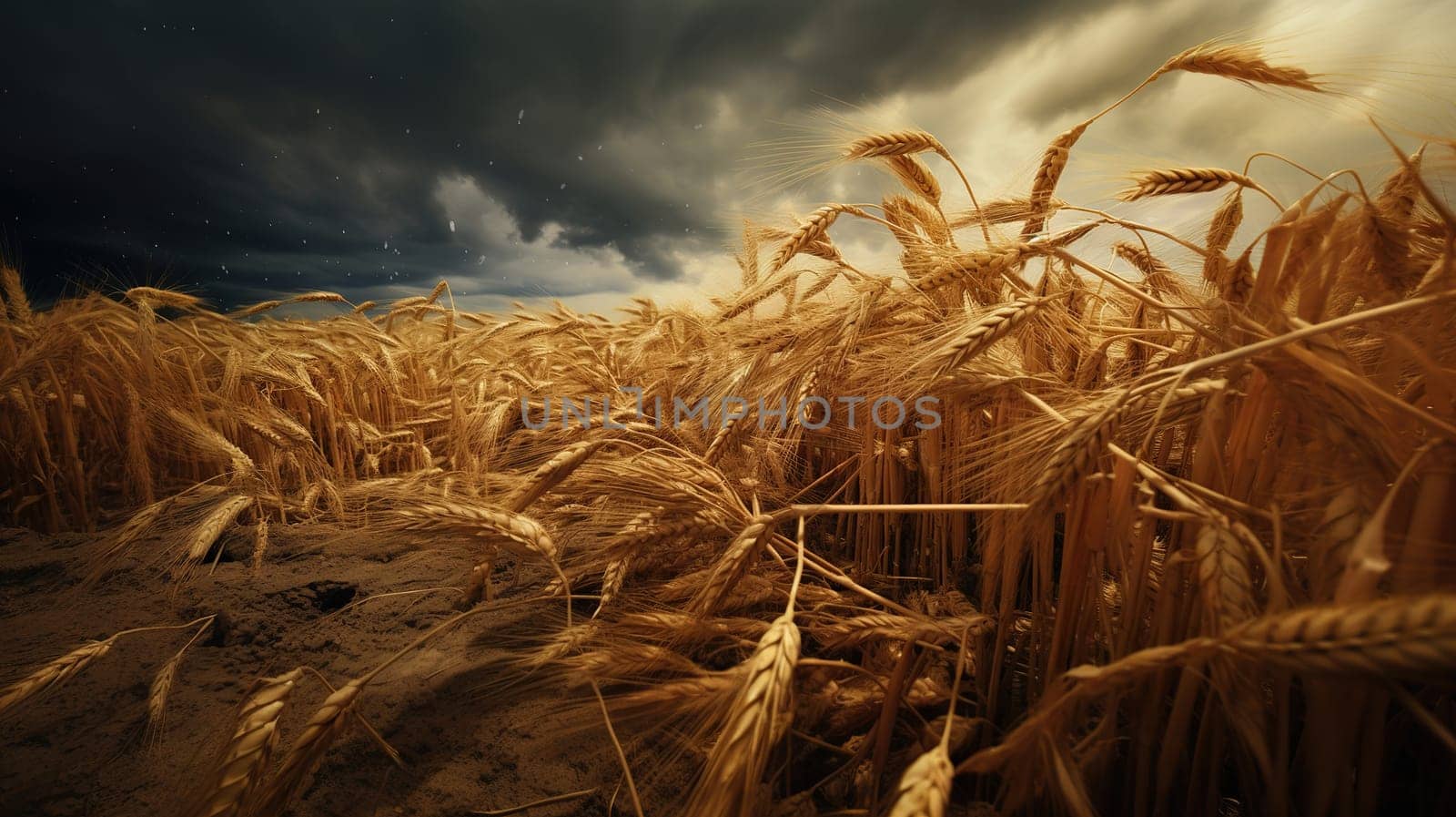 ripe ears of wheat in the field, damaged by a hurricane and wet in the rain, untimely harvest, food crisis by KaterinaDalemans