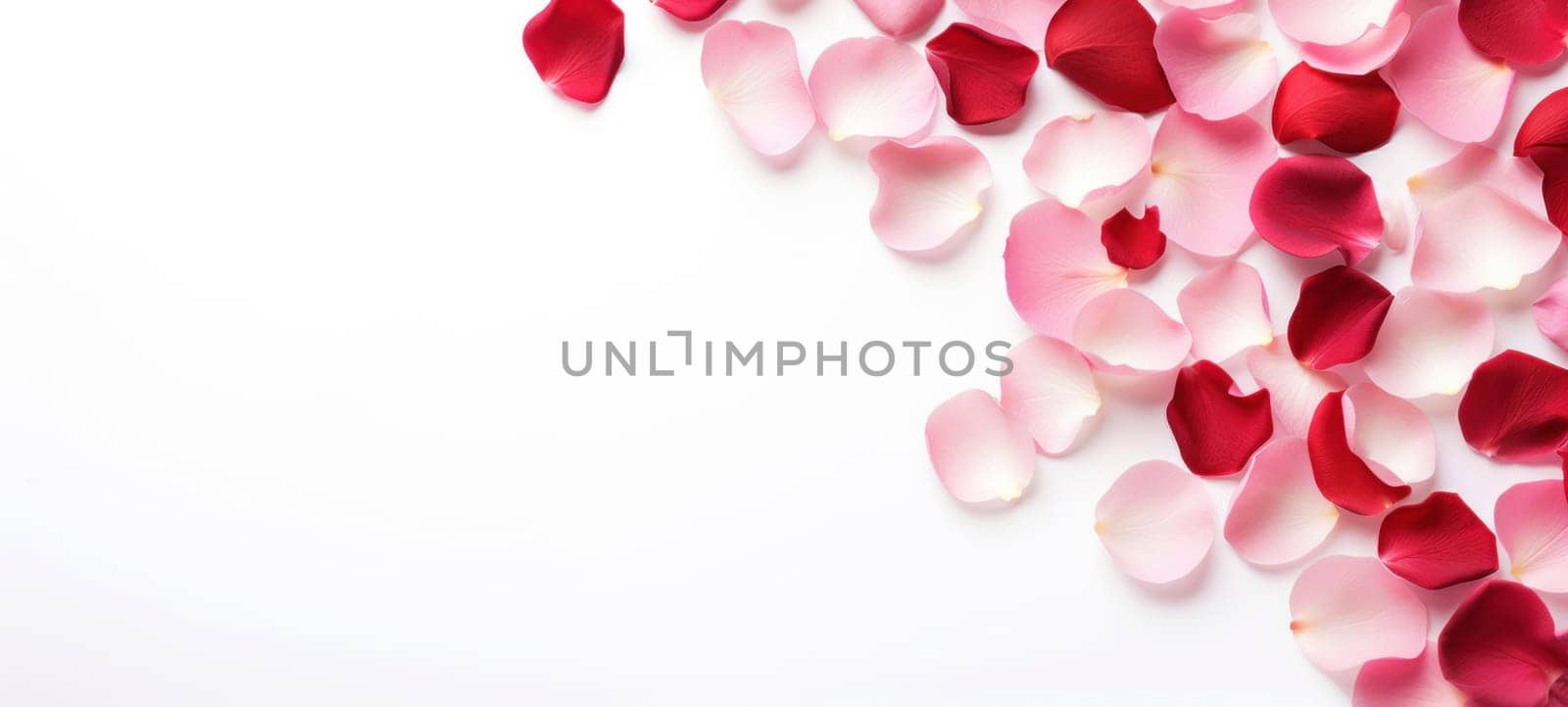 Romantic rose petals on white background. Flat lay, top view, copy space by andreyz