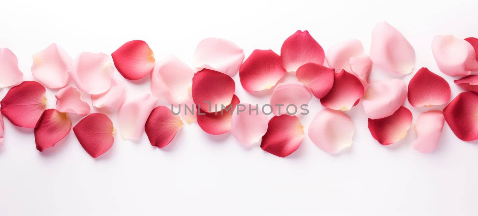 Romantic rose petals on white background. Flat lay, top view, copy space.