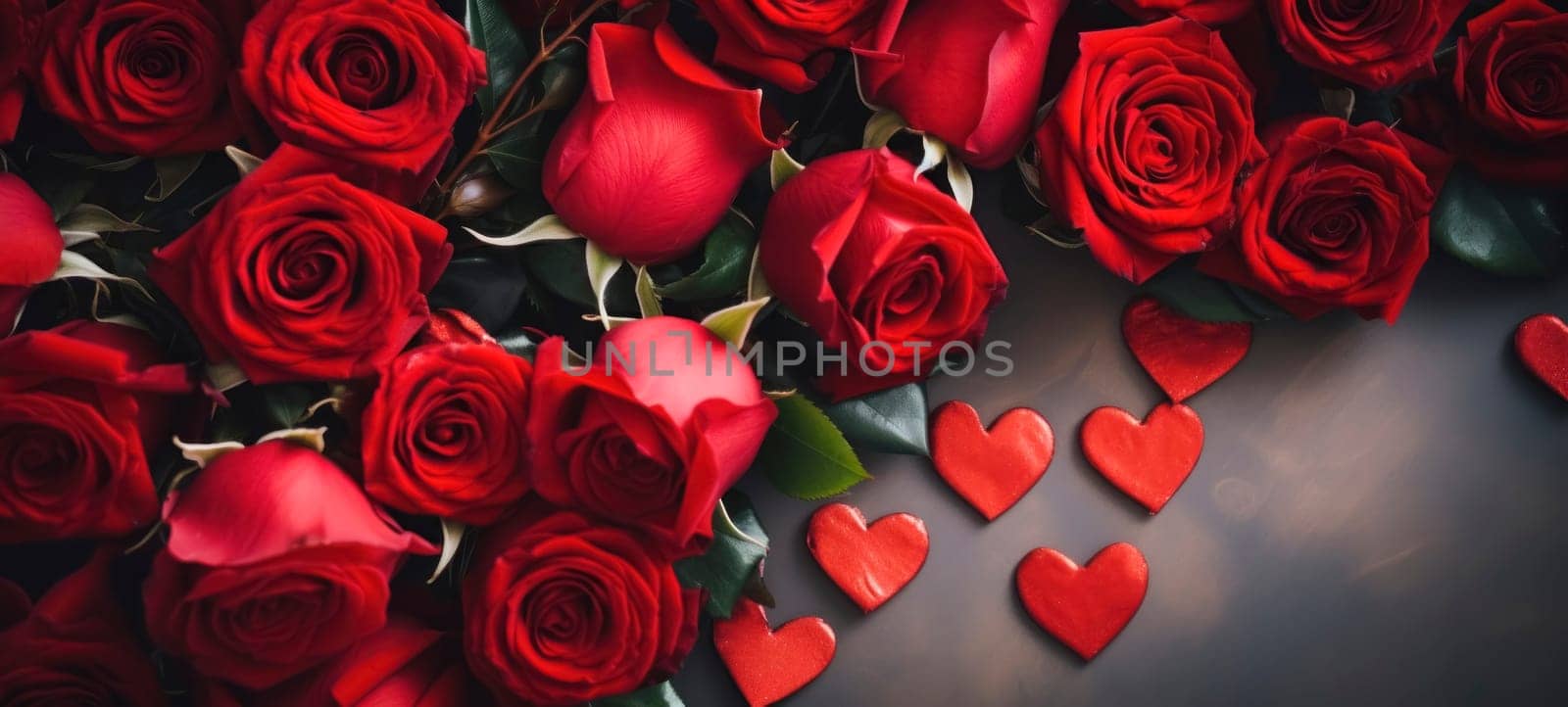 Roses Bouquet and Hearts background. Valentine's Day or wedding background.