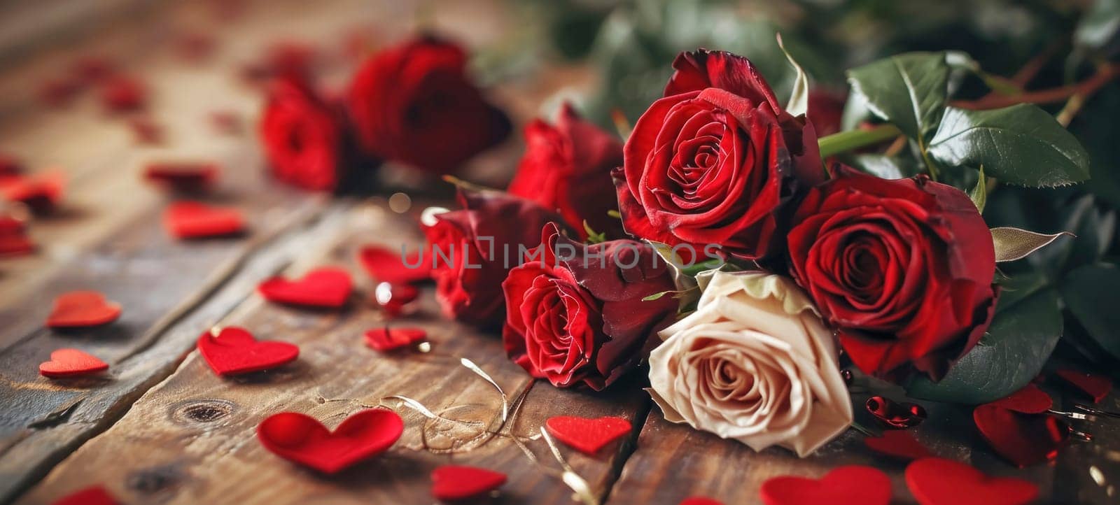 Roses and hearts on wooden board, Valentine's Day background, wedding day.