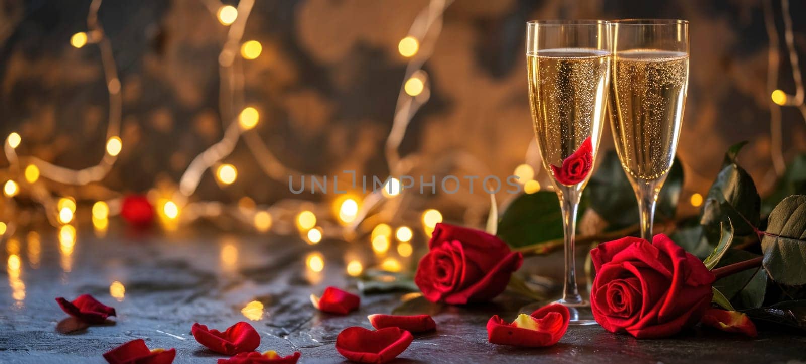 Valentine's day background with glasses of champagne and roses. Horizontal banner or greeting card with copy space