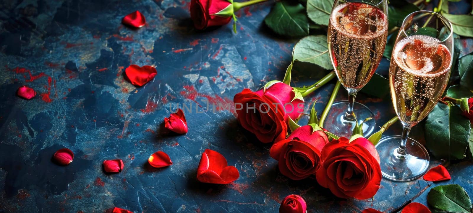 Valentine's day background with glasses of champagne and roses. Horizontal banner or greeting card with copy space