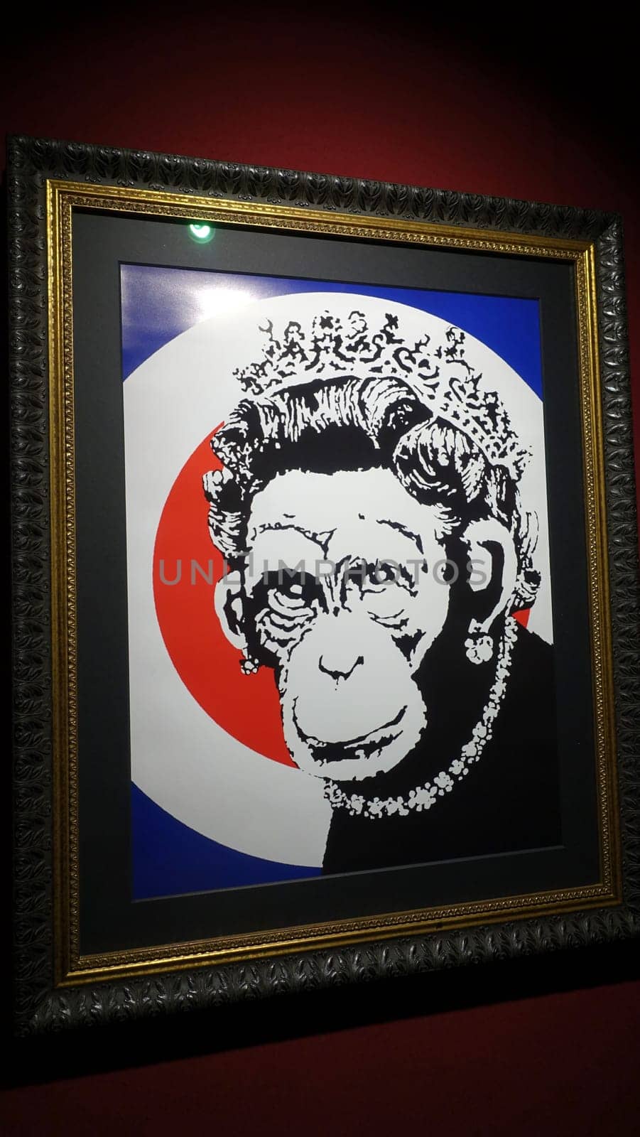 Stockholm, Sweden, December 29 2023. Art exhibition. The mystery of Banksy A genius mind. Monkey.