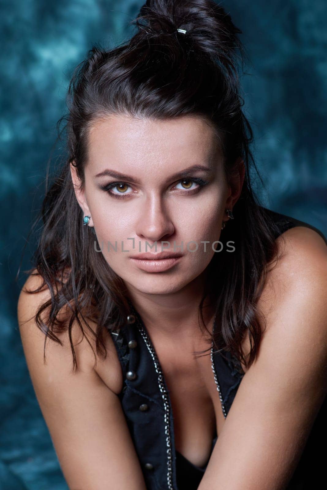 Headshot portrait of young fashionable woman with hairstyle makeup by VH-studio