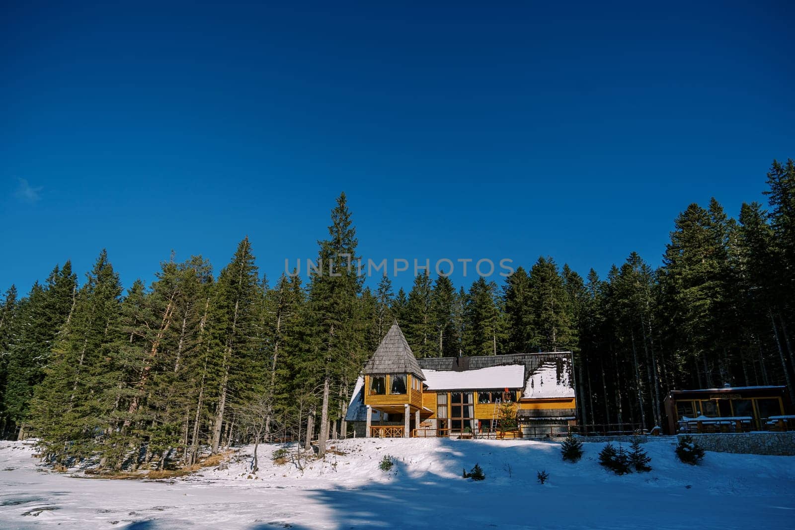 Large wooden two-story cottage in a snowy coniferous forest. High quality photo